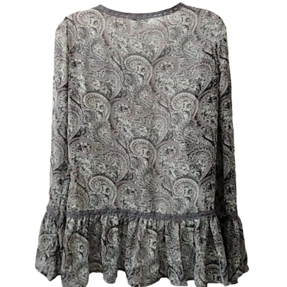 Charming Charlie Women's Sheer Gray Paisley Long Bell Sleeve Peplum Blouse Small - Picture 6 of 10